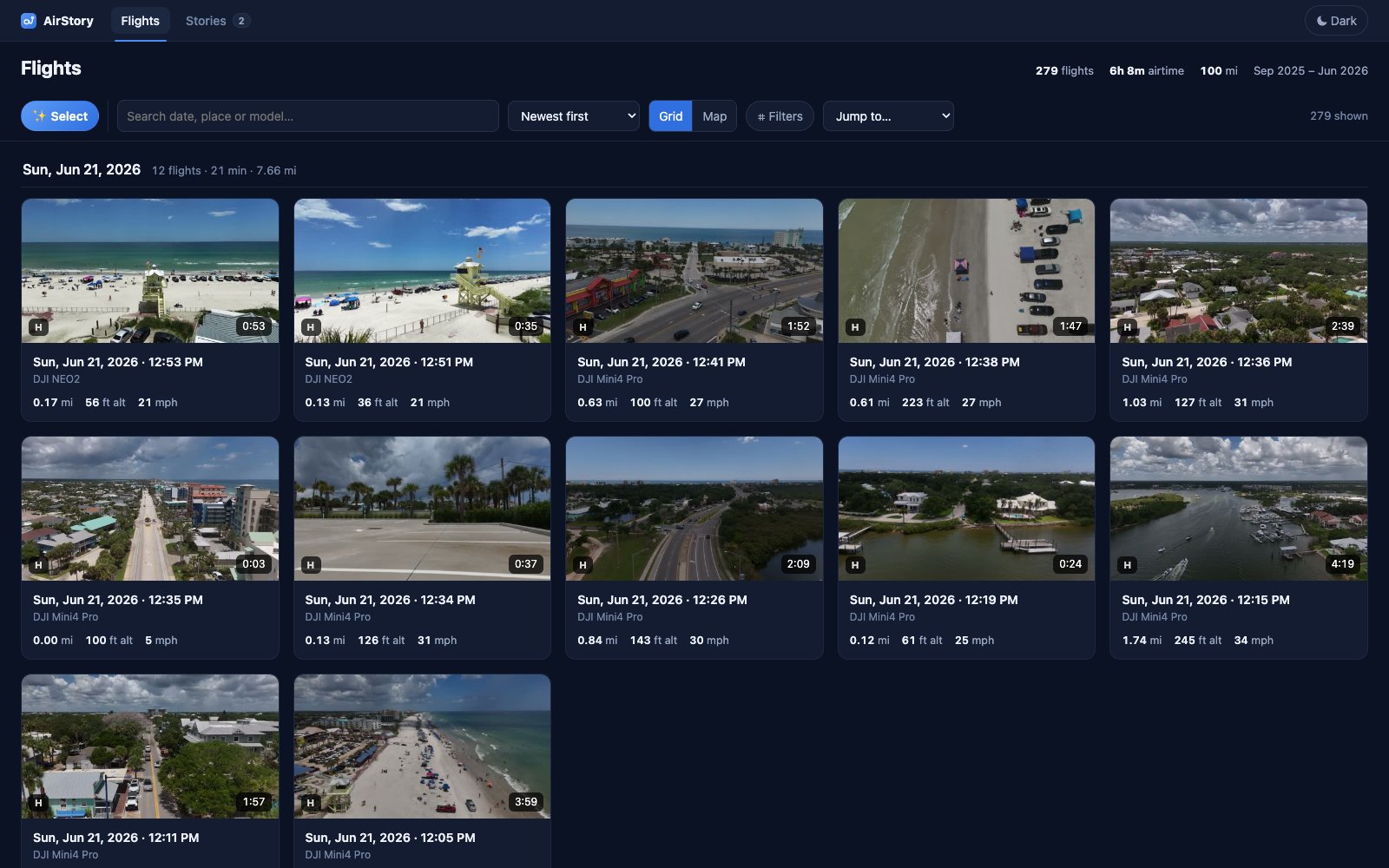 The flight gallery: hundreds of flights grouped by day with thumbnails and stats