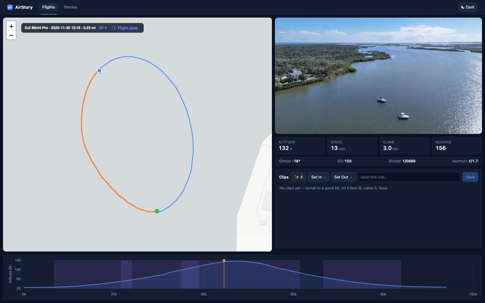 The player: video synced with a live map trace, flight stats, and altitude timeline