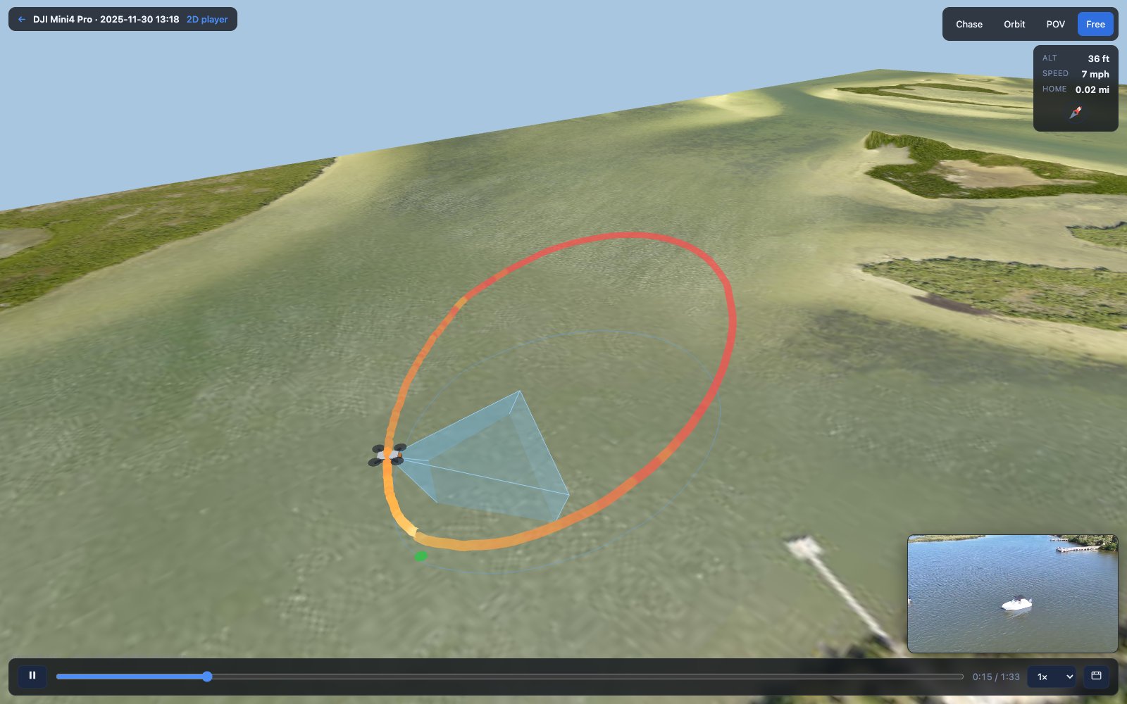 The 3D theater: the flight path drawn as a ribbon over real 3D terrain